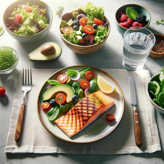 Features grilled salmon, a vibrant side salad, mixed berries, and water, emphasizing the role of diet in weight management and cardiovascular health
