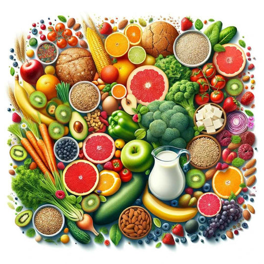 This visual representation encourages viewers to embrace a healthier lifestyle by showcasing the nutritional abundance available through fruits, vegetables, whole grains, lean proteins, and dairy alternatives.