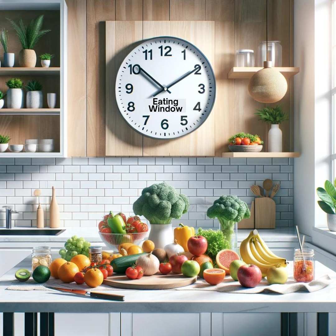 a kitchen scene with a clock displaying the start of an eating window, symbolizing the intermittent fasting concept. Fresh, healthy foods are prepared on the counter, emphasizing the focus on nutritious eating during feeding periods.