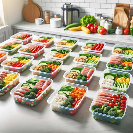 A clean, modern image of neatly organized meal prep containers filled with a variety of healthy foods, including lean proteins, whole grains, and fresh vegetables, ready for the week ahead.
