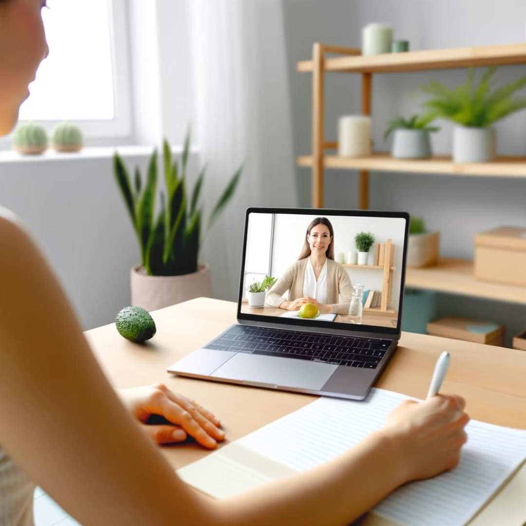 A modern, clean image of a person having a telehealth consultation on a laptop, discussing a weight loss plan, symbolizing convenience and personalized care in weight management.