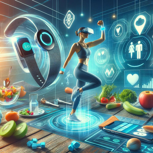 This image showcases the cutting-edge innovations in weight loss technology, featuring a modern wearable fitness device, a dynamic virtual reality workout, and a sophisticated AI-driven food tracking app. 