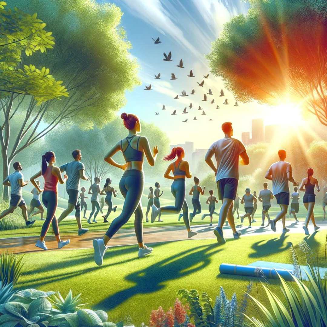 A vibrant, modern depiction of diverse individuals engaging in various physical activities in a lush park setting, symbolizing the start of a positive weight loss journey with semaglutide. 