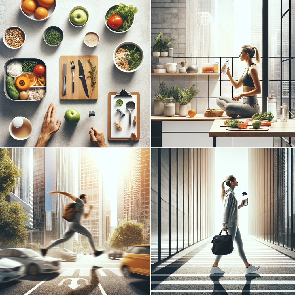 Image depicting busy individuals in urban settings like Palmdale, Van Nuys, and Los Angeles, integrating health tips into their lifestyle, promoted by 6 Day Medical Weight Loss.
