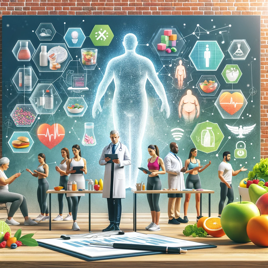 Image depicting a diverse group on their weight loss journey, featuring medical consultation, healthy lifestyle choices, and exercise. Highlights the supportive, personalized nature of medical weight loss.