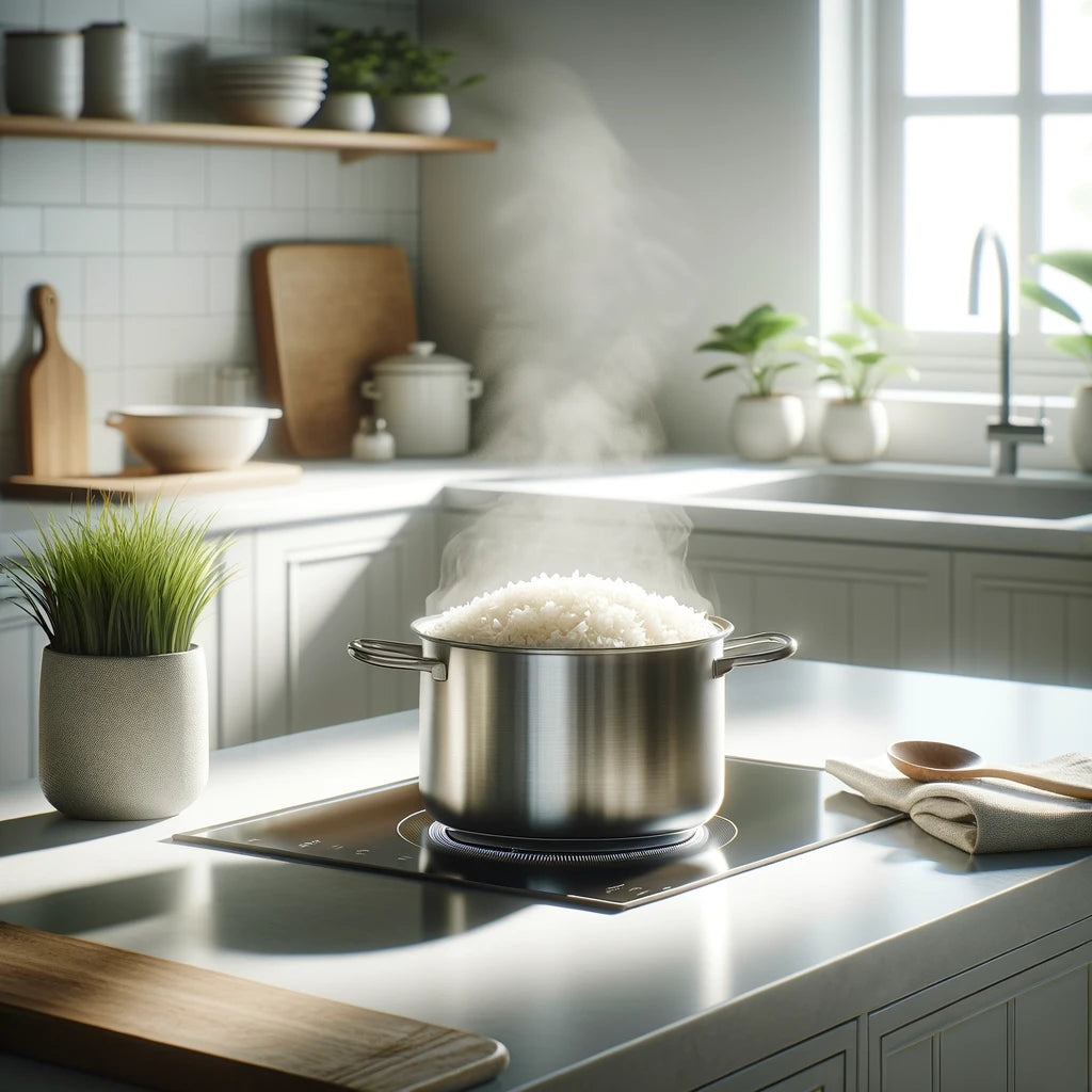 A modern and clean kitchen scene captures the wholesome ritual of cooking rice, highlighting a minimalist design and the healthful practice of cooling and reheating rice to increase resistant starch for better blood sugar management