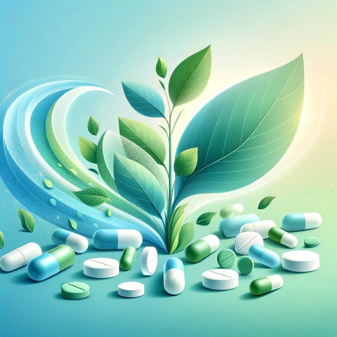A modern and vibrant image depicting the journey of transformation and health improvement through weight loss medications, symbolized by pills transforming into leaves against a gradient of freshness and growth.
