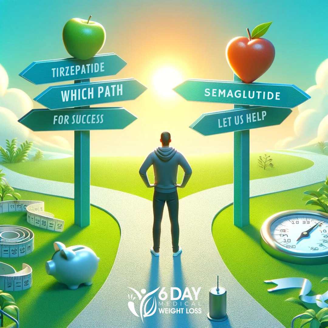 A modern, vibrant image depicting a person at a crossroads between paths labeled 'Tirzepatide' and 'Semaglutide,' symbolizing the journey of choosing the right weight loss medication.